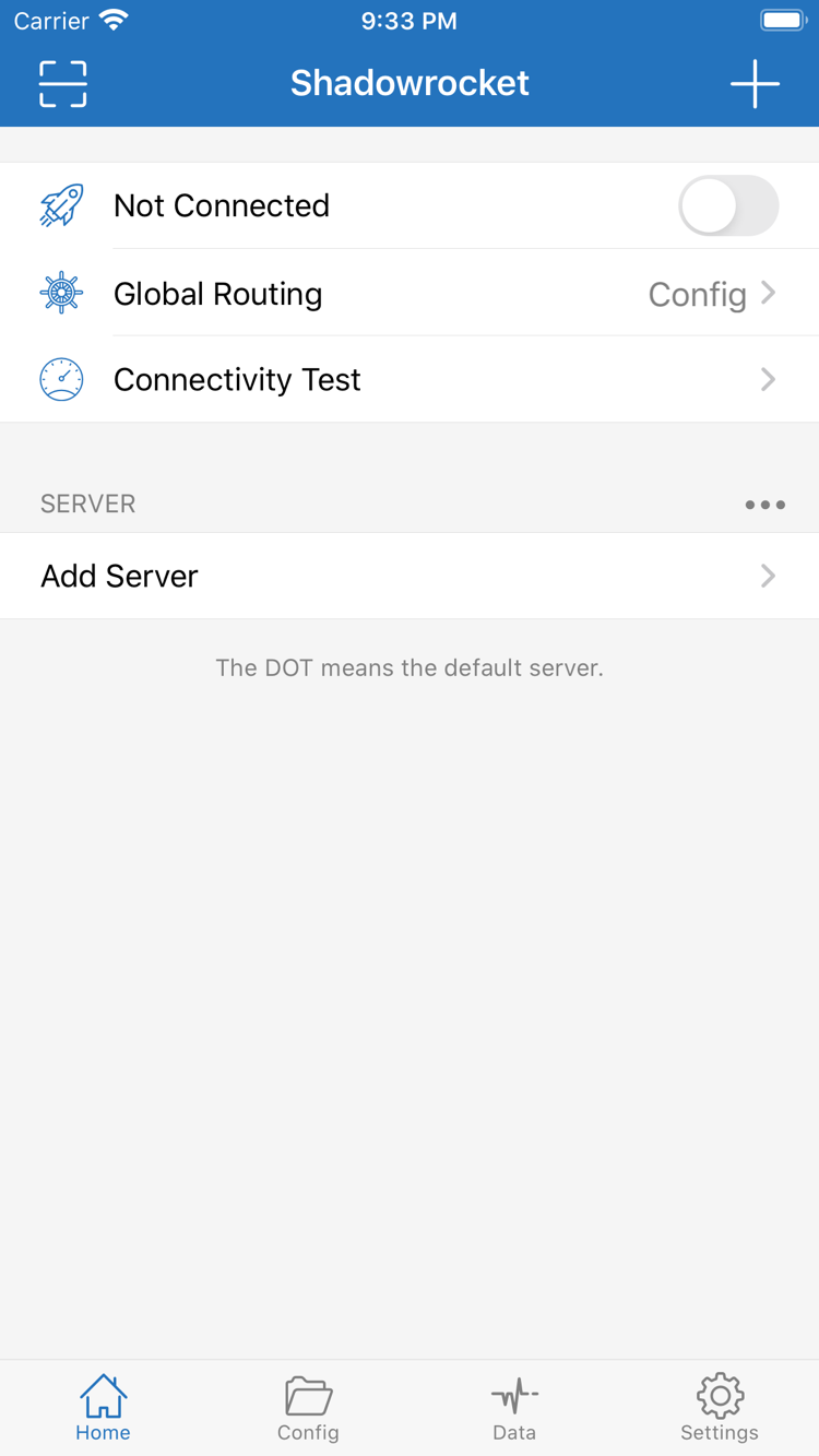 Shadowrocket Home 공식 스크린샷: 연결 상태, Global Routing, Connectivity Test 및 서버 목록