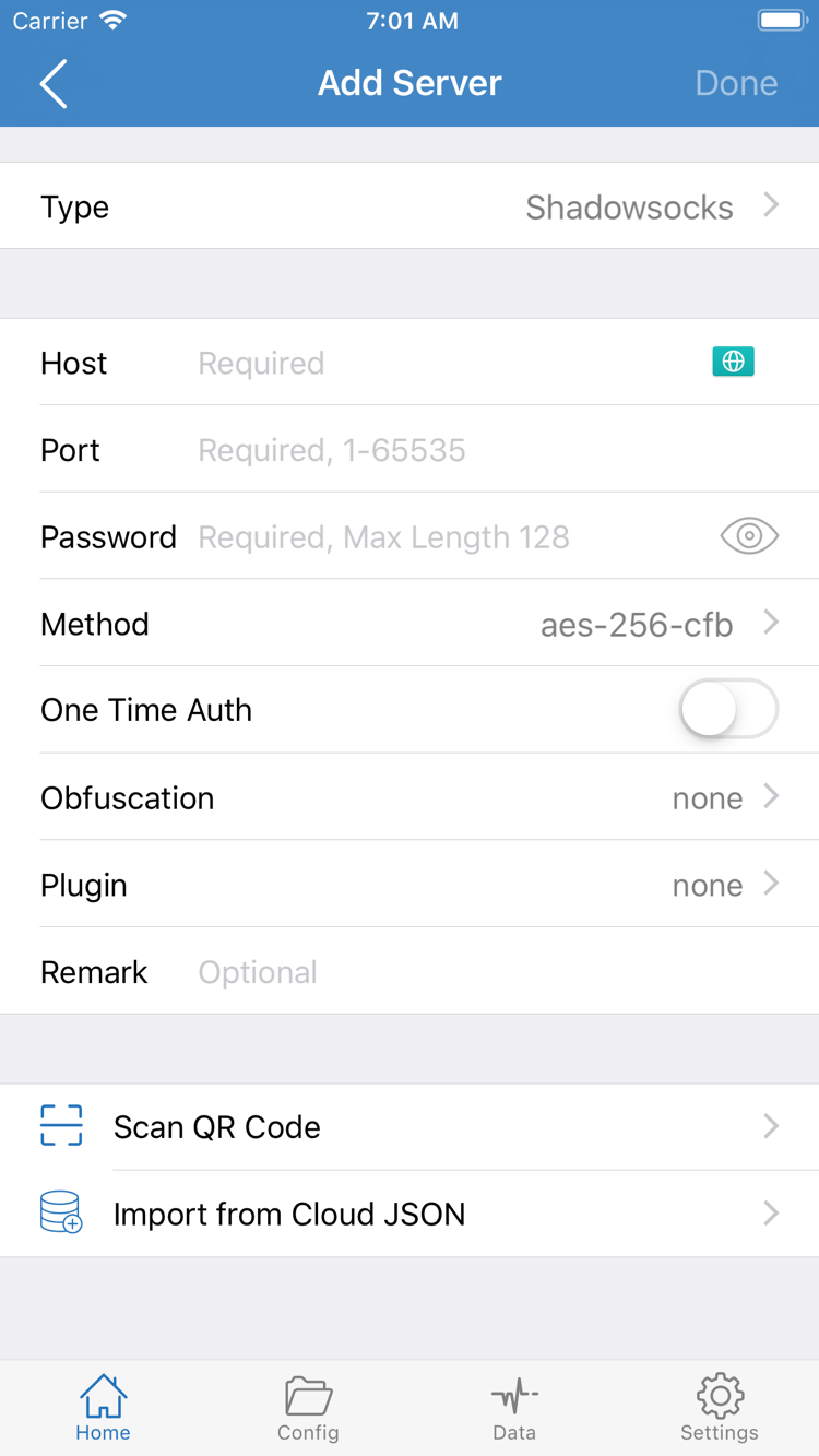 ShadowrocketのAdd Server公式スクリーンショット。Type、Host、Port、Password、Methodとインポート項目を表示